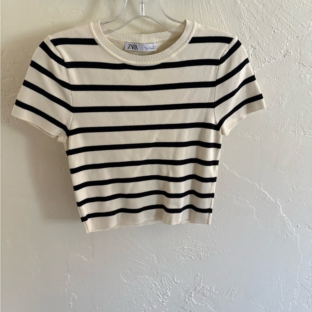 Zara Cream & Black Striped Short Sleeve Tee